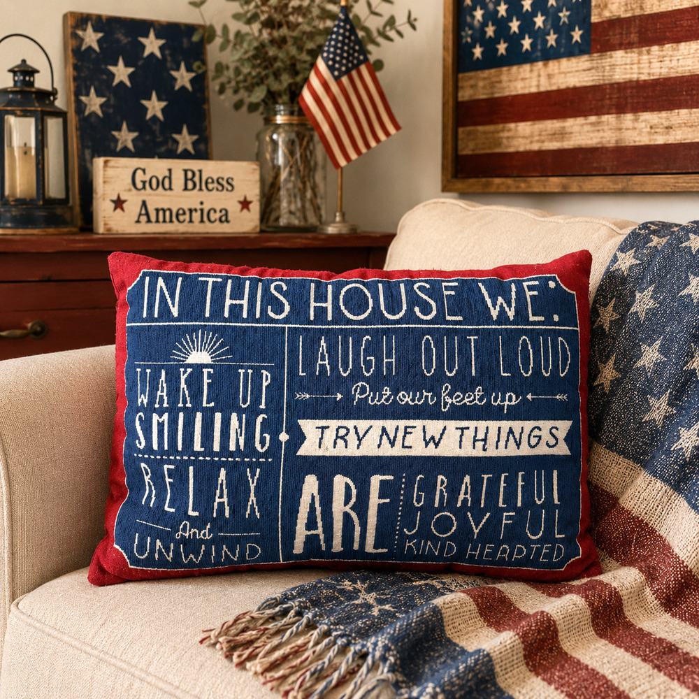 Americana Tapestry Pillow Summer Design Red White Blue 4th of July American 17"